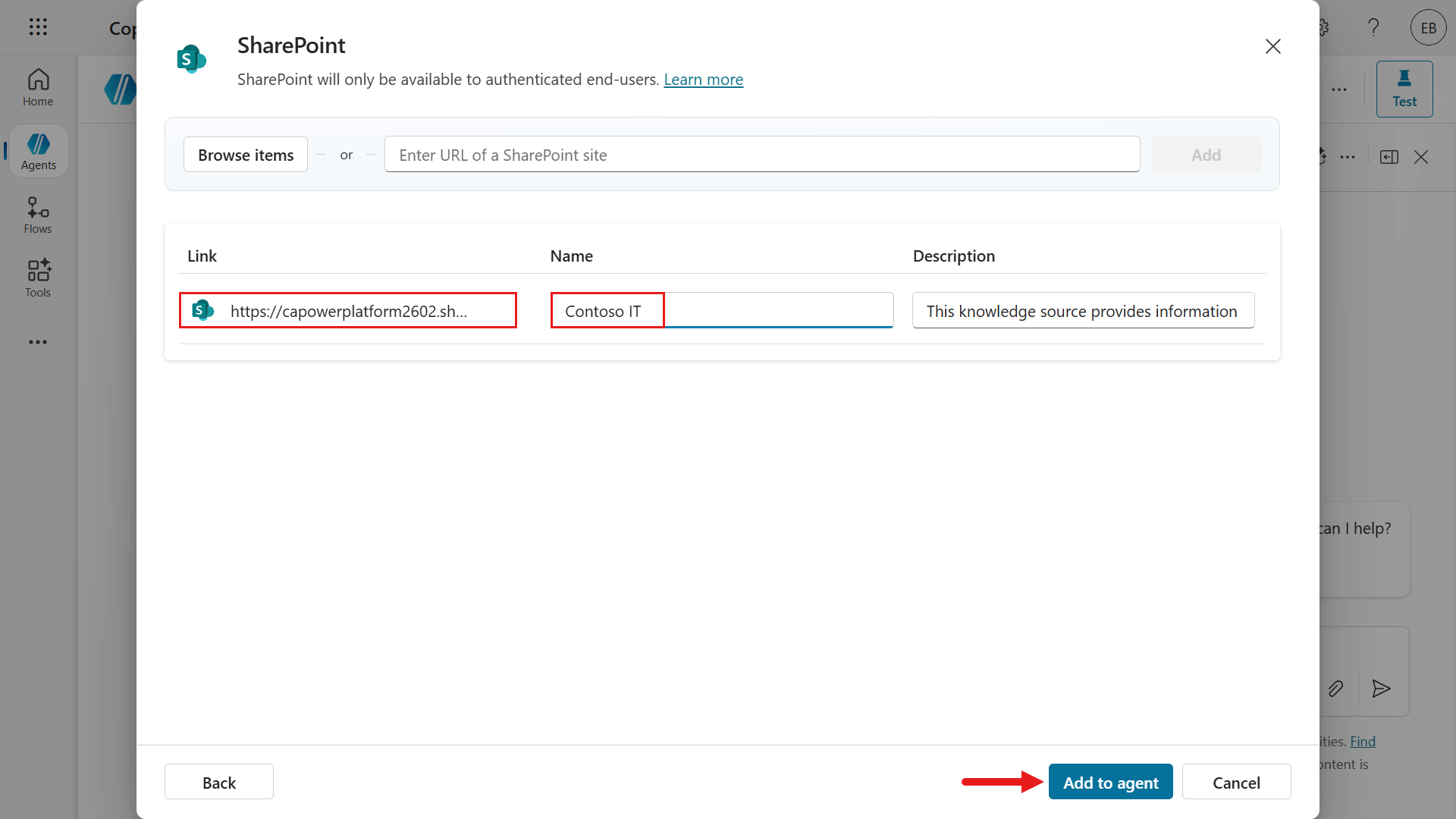 Update SharePoint site name and select Add to agent