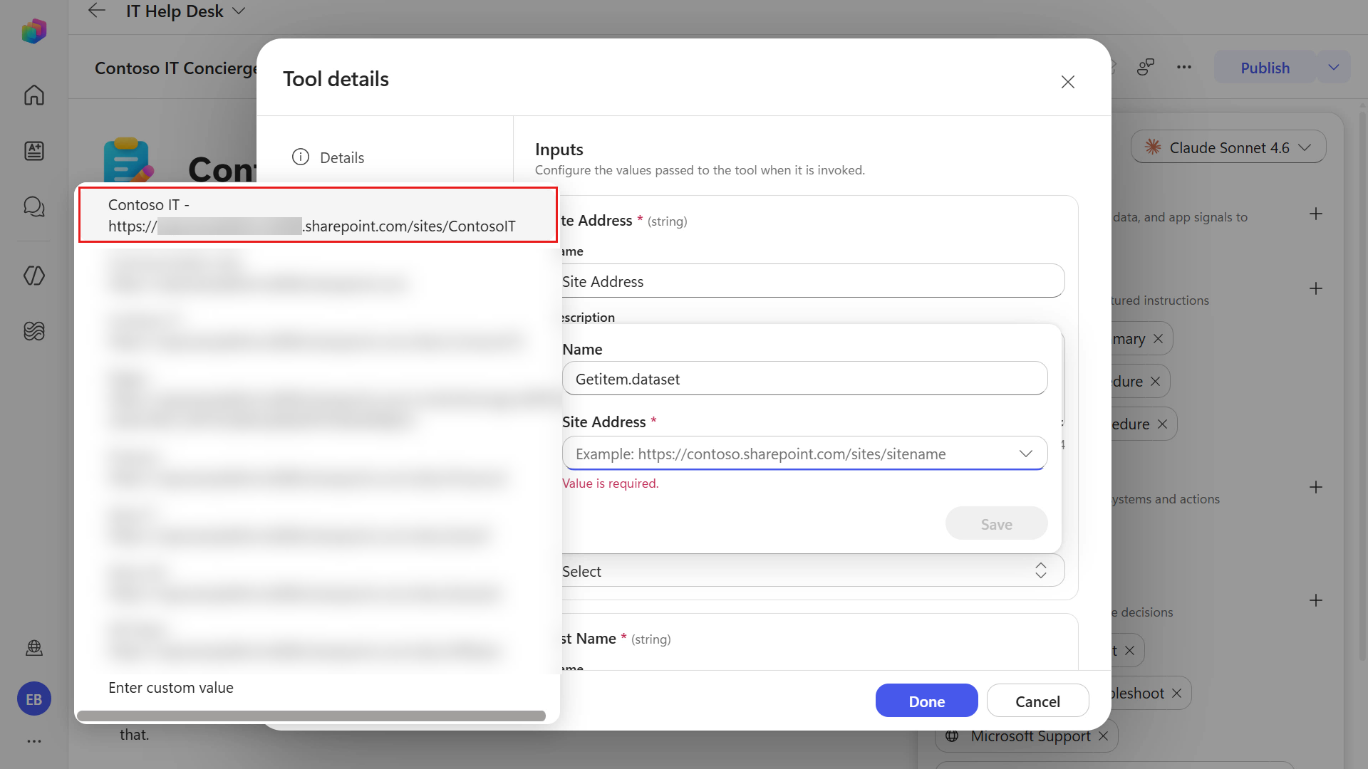 Select SharePoint site for the variable configuration