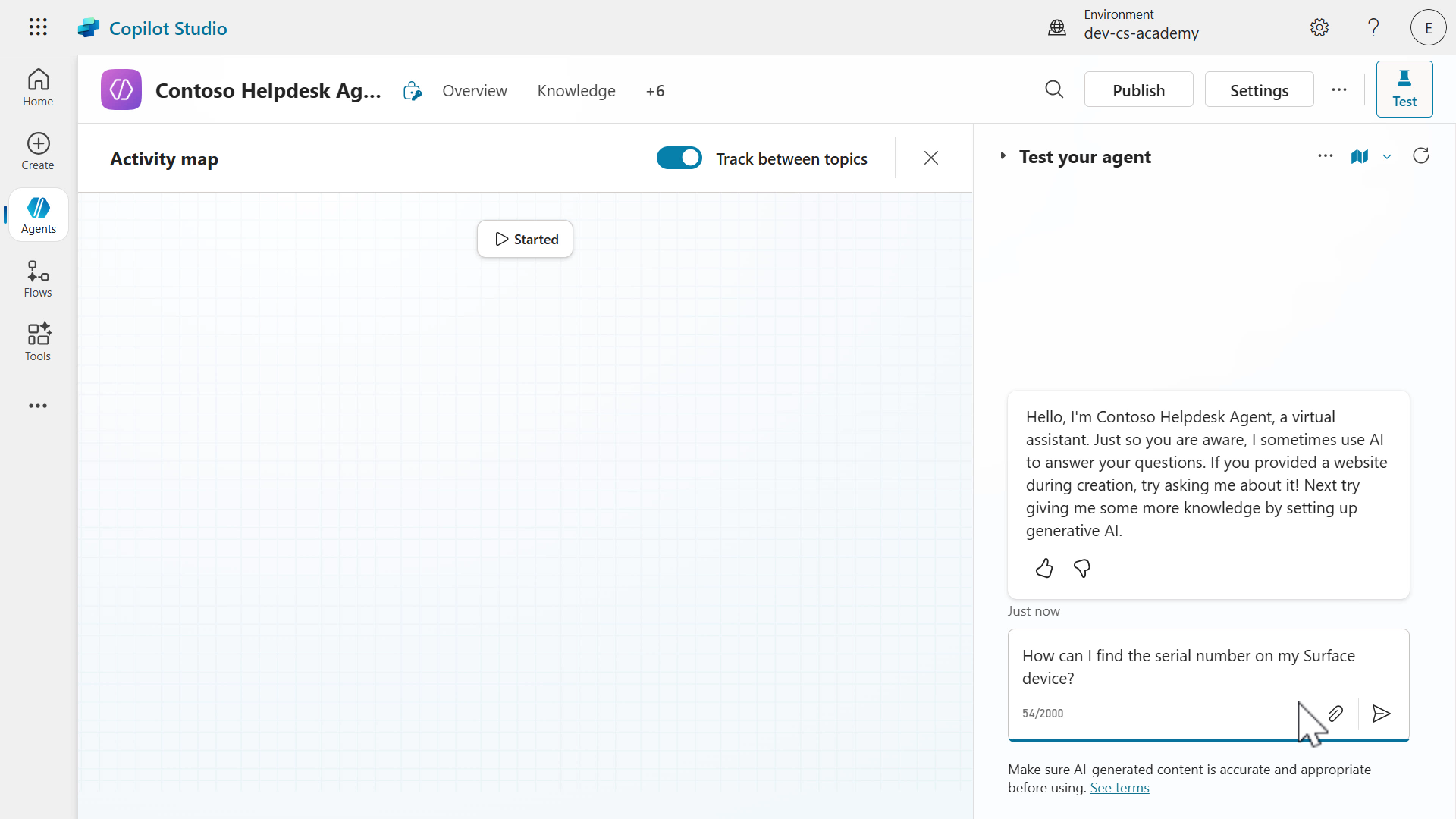 Enter prompt to test website knowledge source