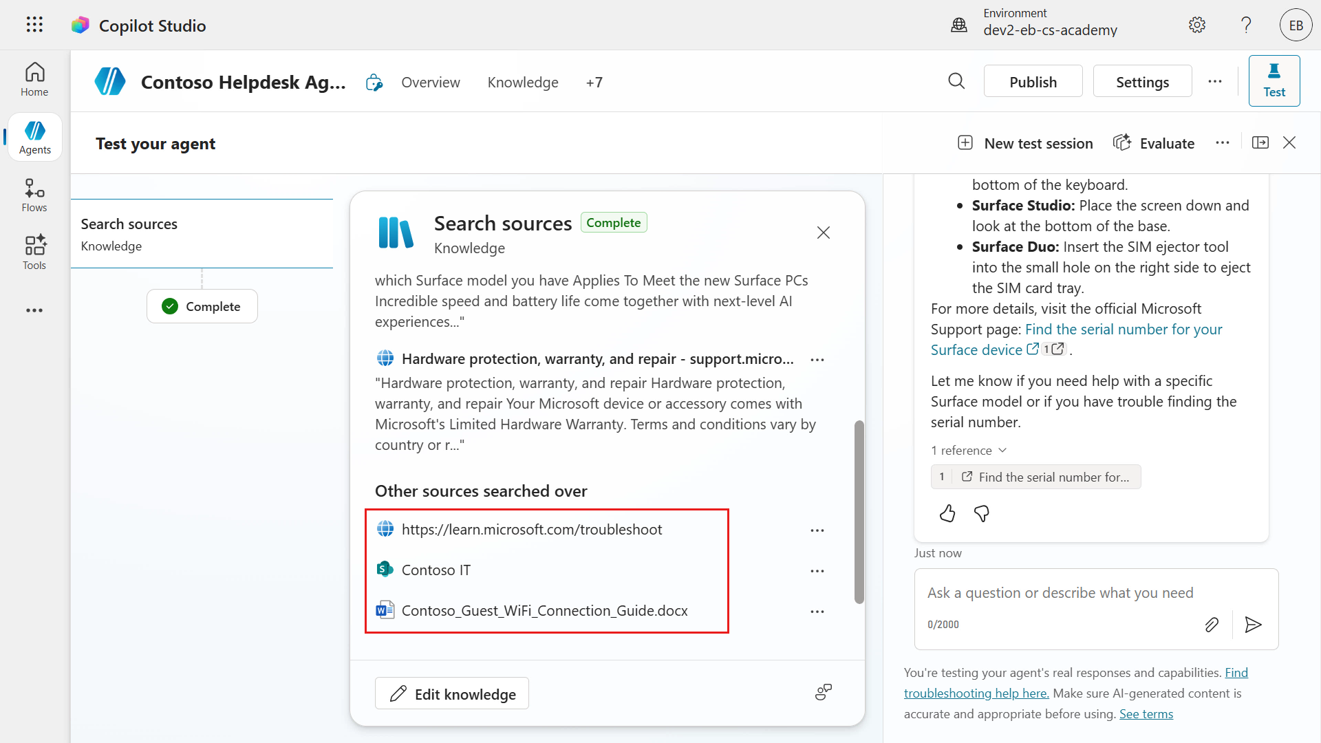 Knowledge sources referenced and searched