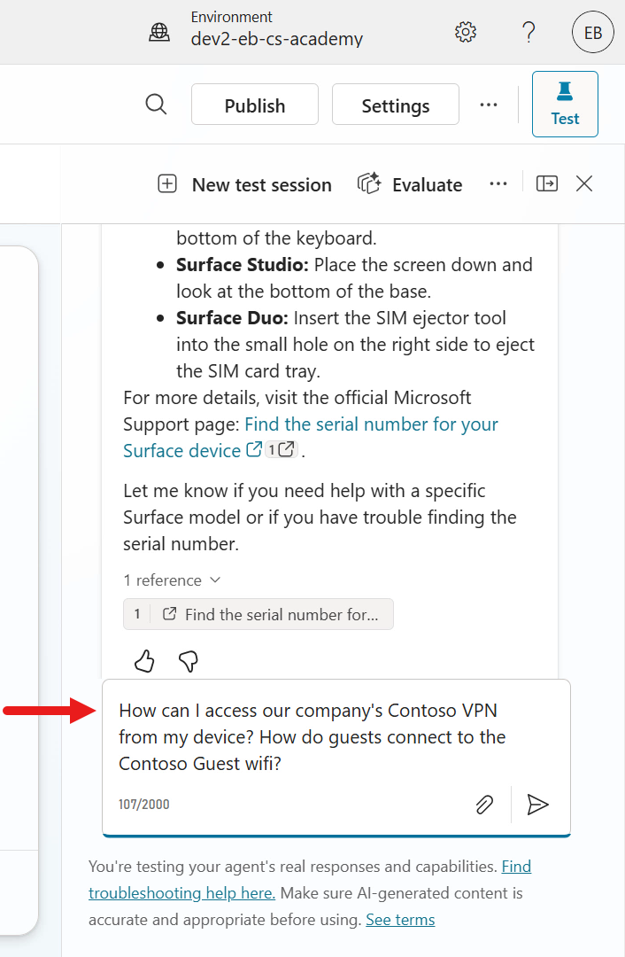 Test SharePoint and document knowledge sources