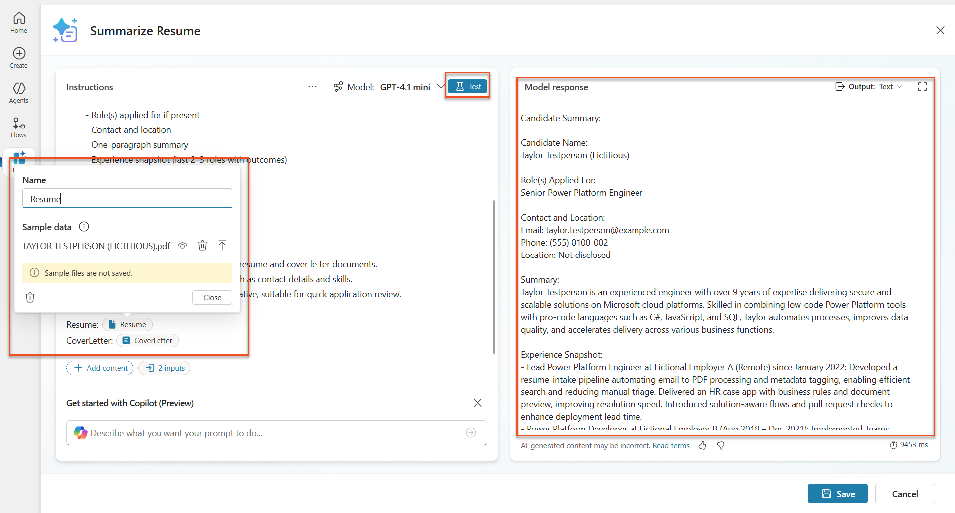 Set parameters and test