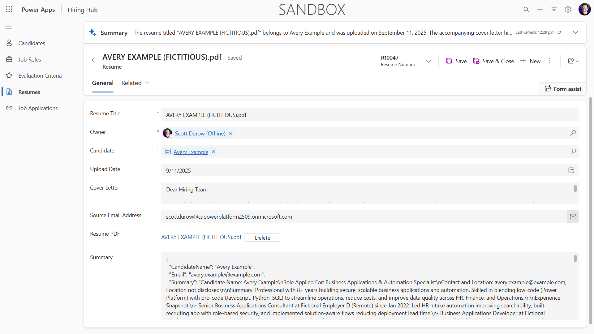 Resume with Candidate and Summary