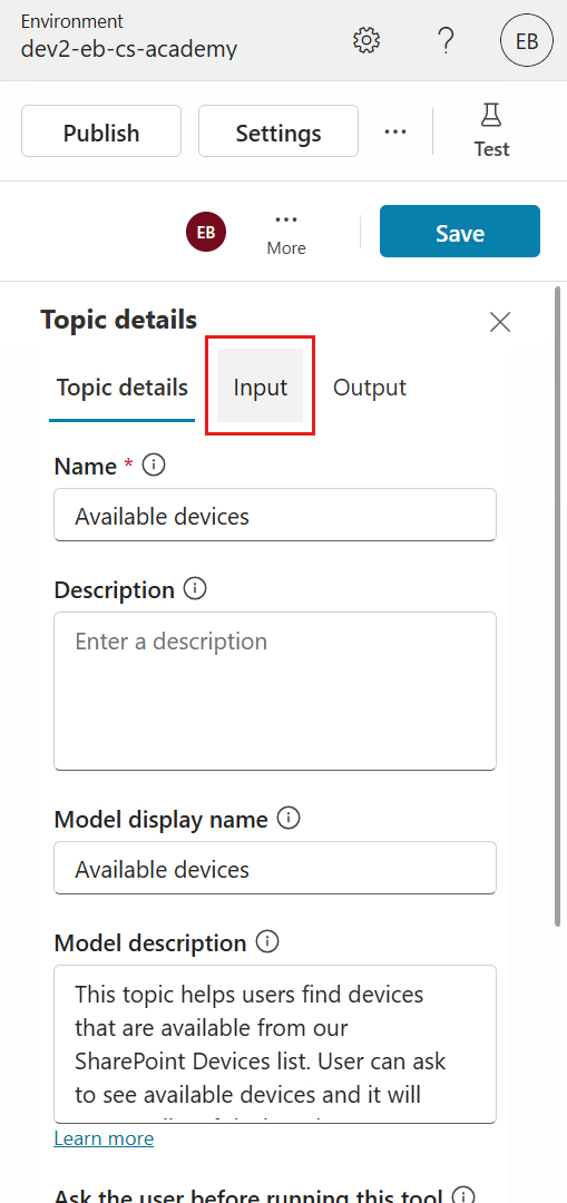 Input tab