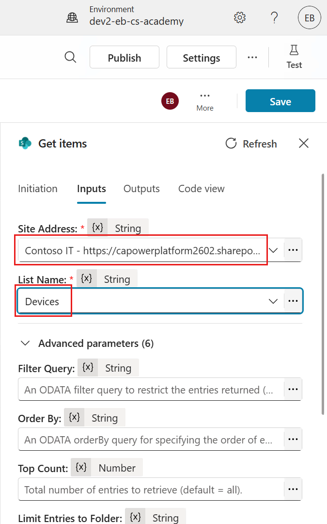 Configure Get items inputs