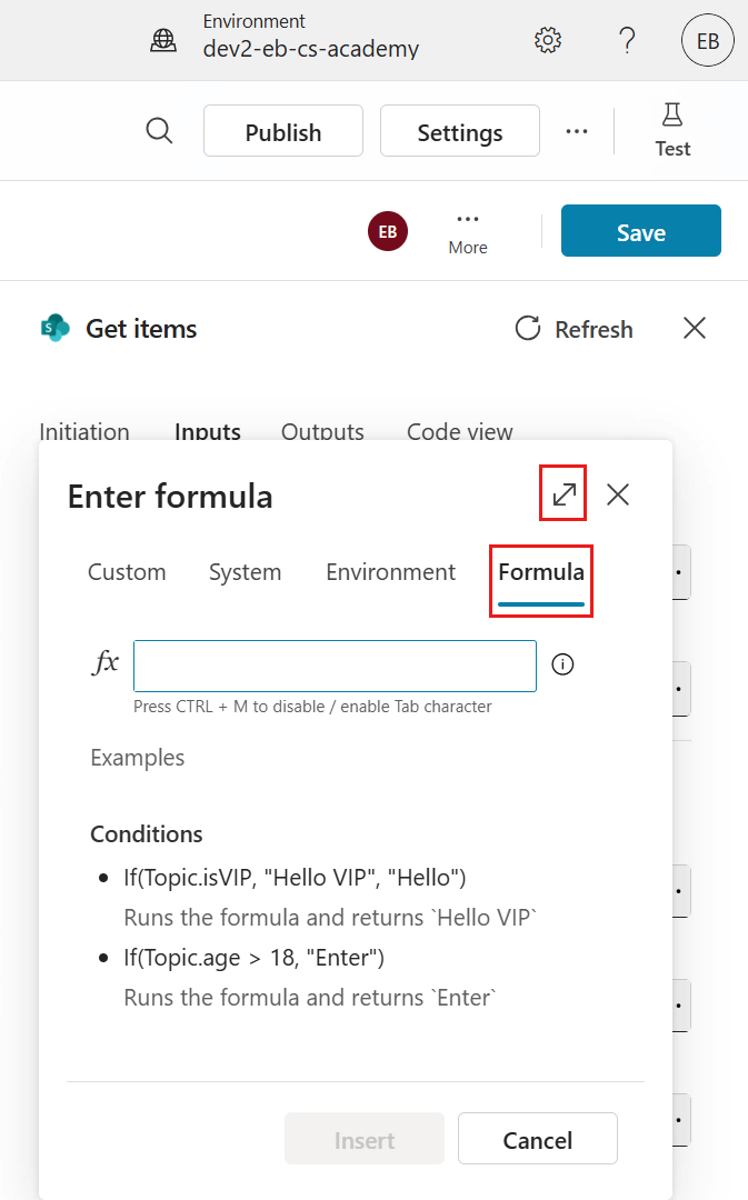 Select Formula tab