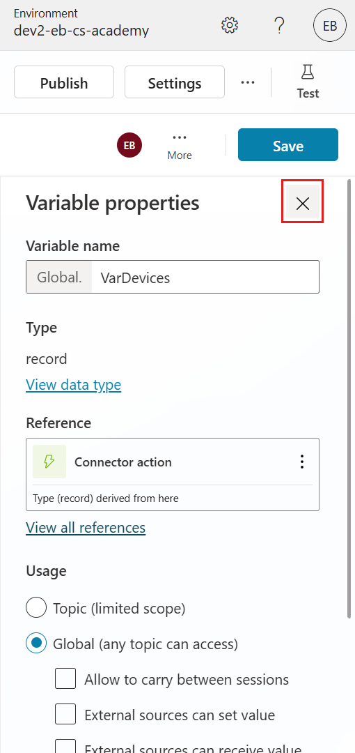 Close Variable properties pane