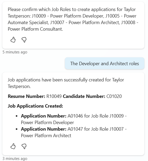 Test results creating job applications