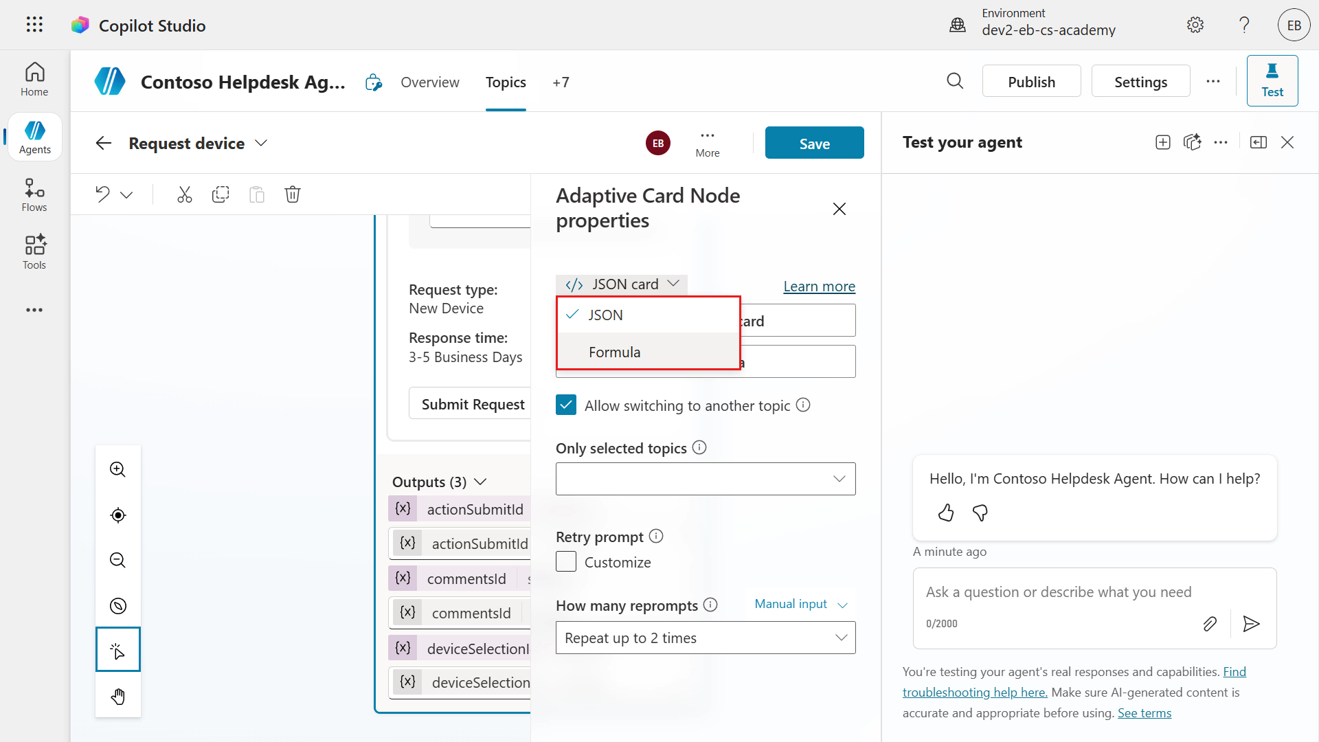 Adaptive card node properties