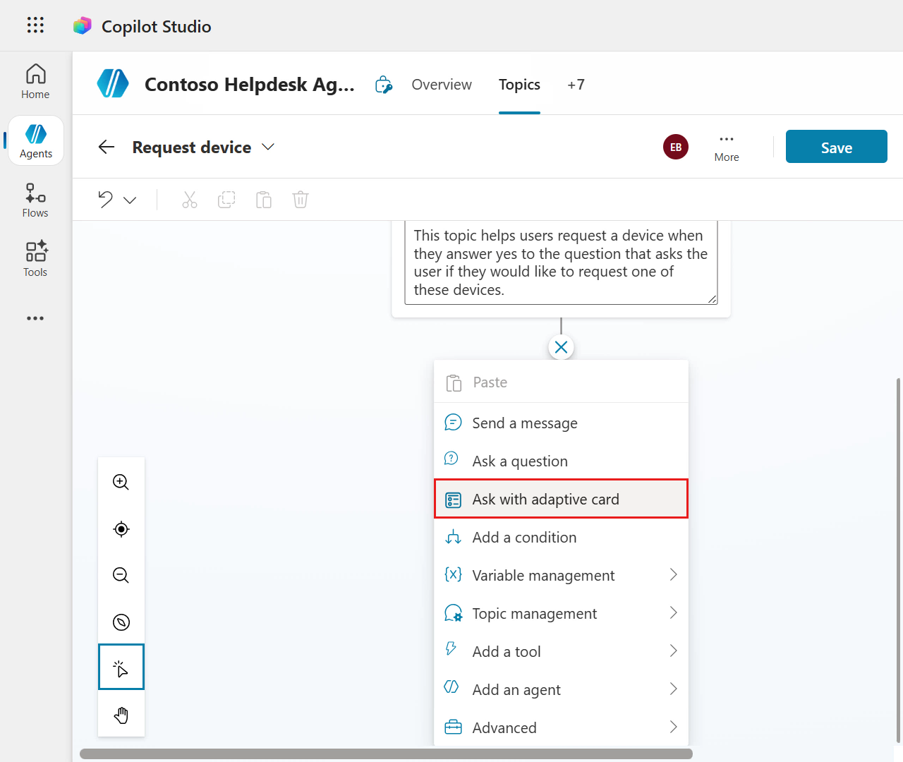 Select Ask with adaptive card node