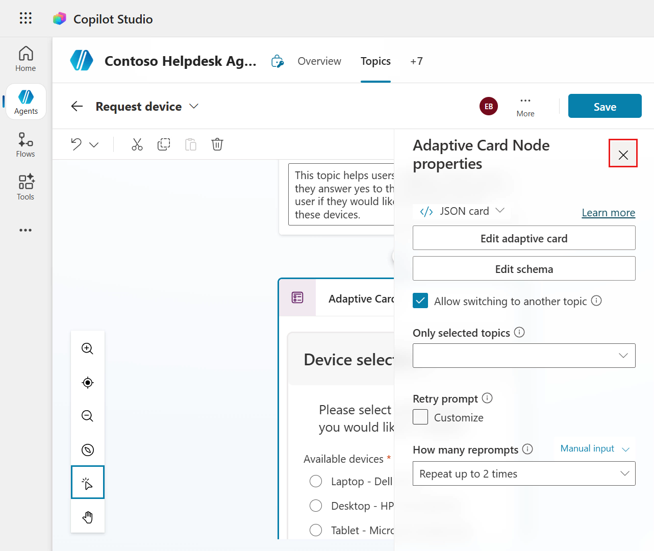 Close Adaptive Card Node properties panel
