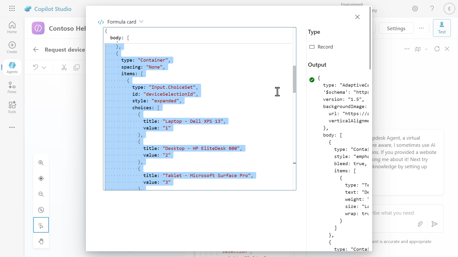 Click into payload card editor