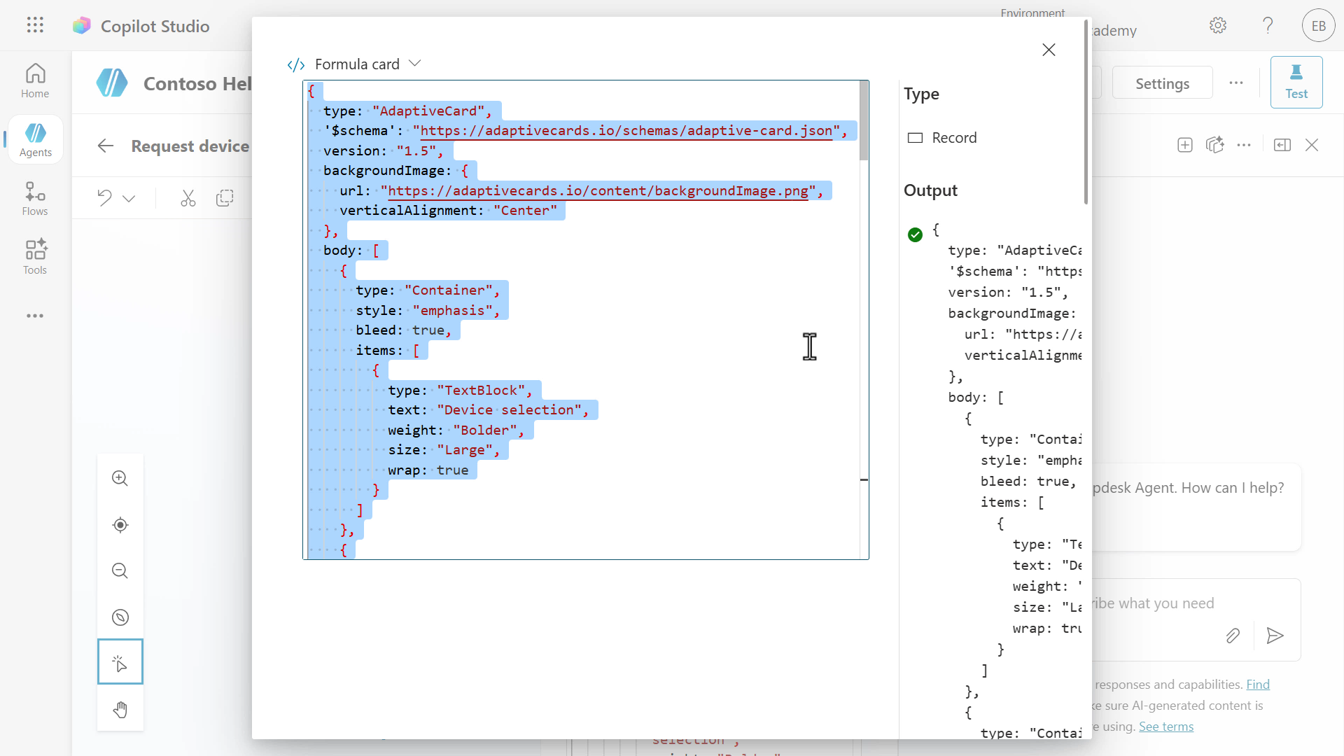 Click into payload card editor