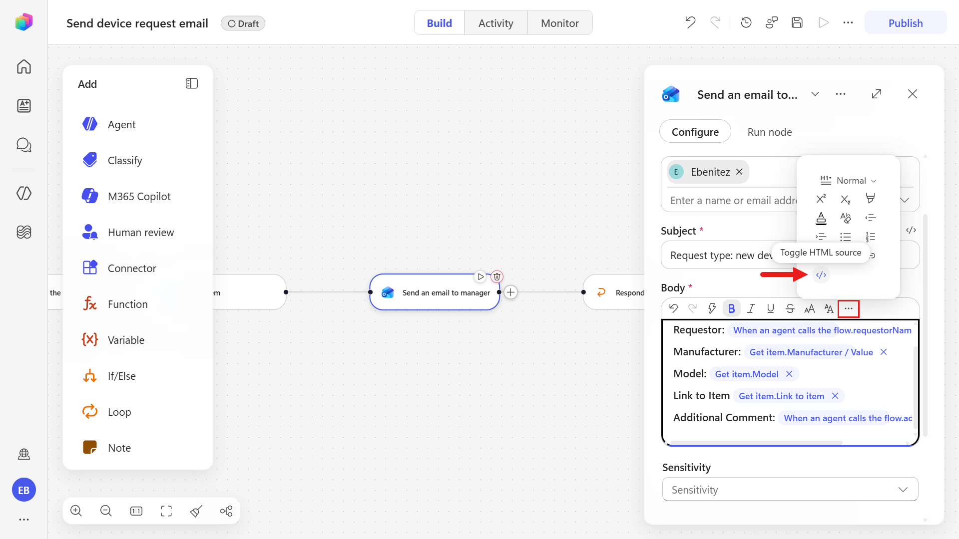 Toggle to HTML editor view