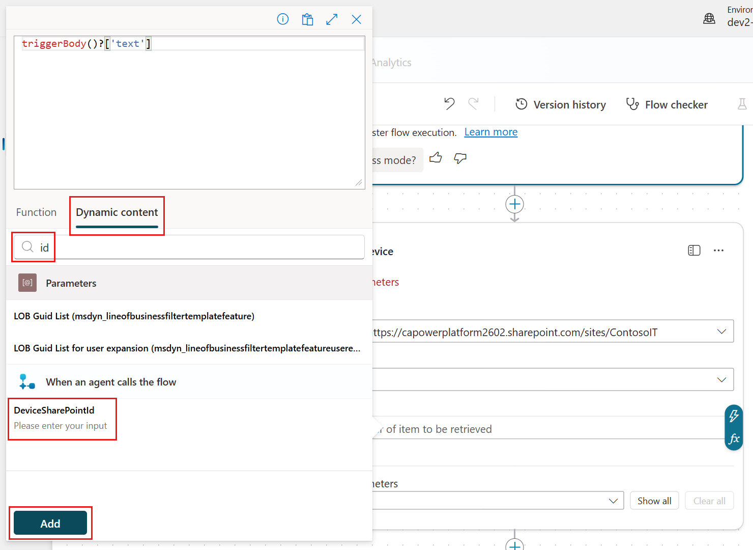 Select DeviceSharePointId input