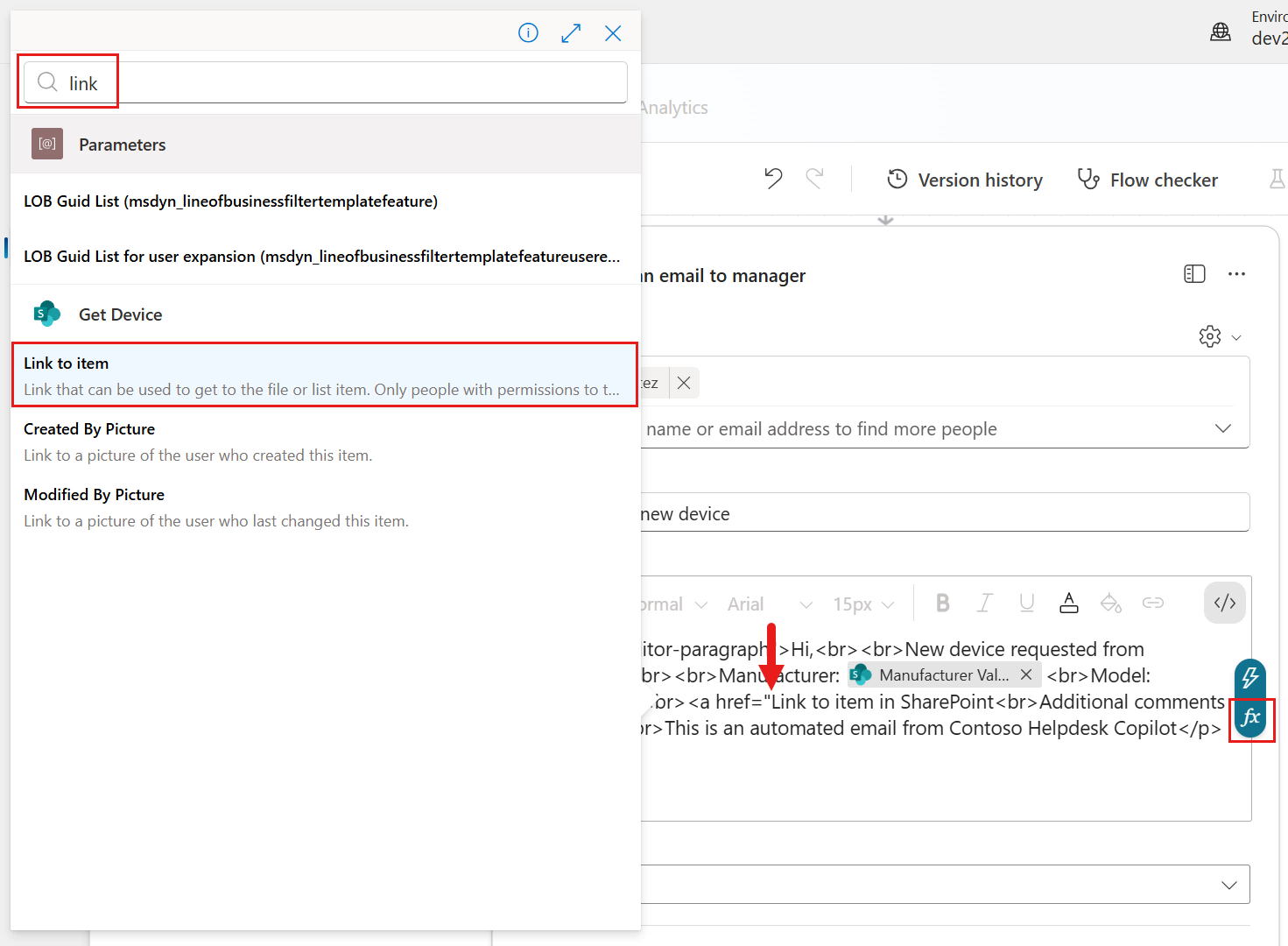 Add Link to item as dynamic content