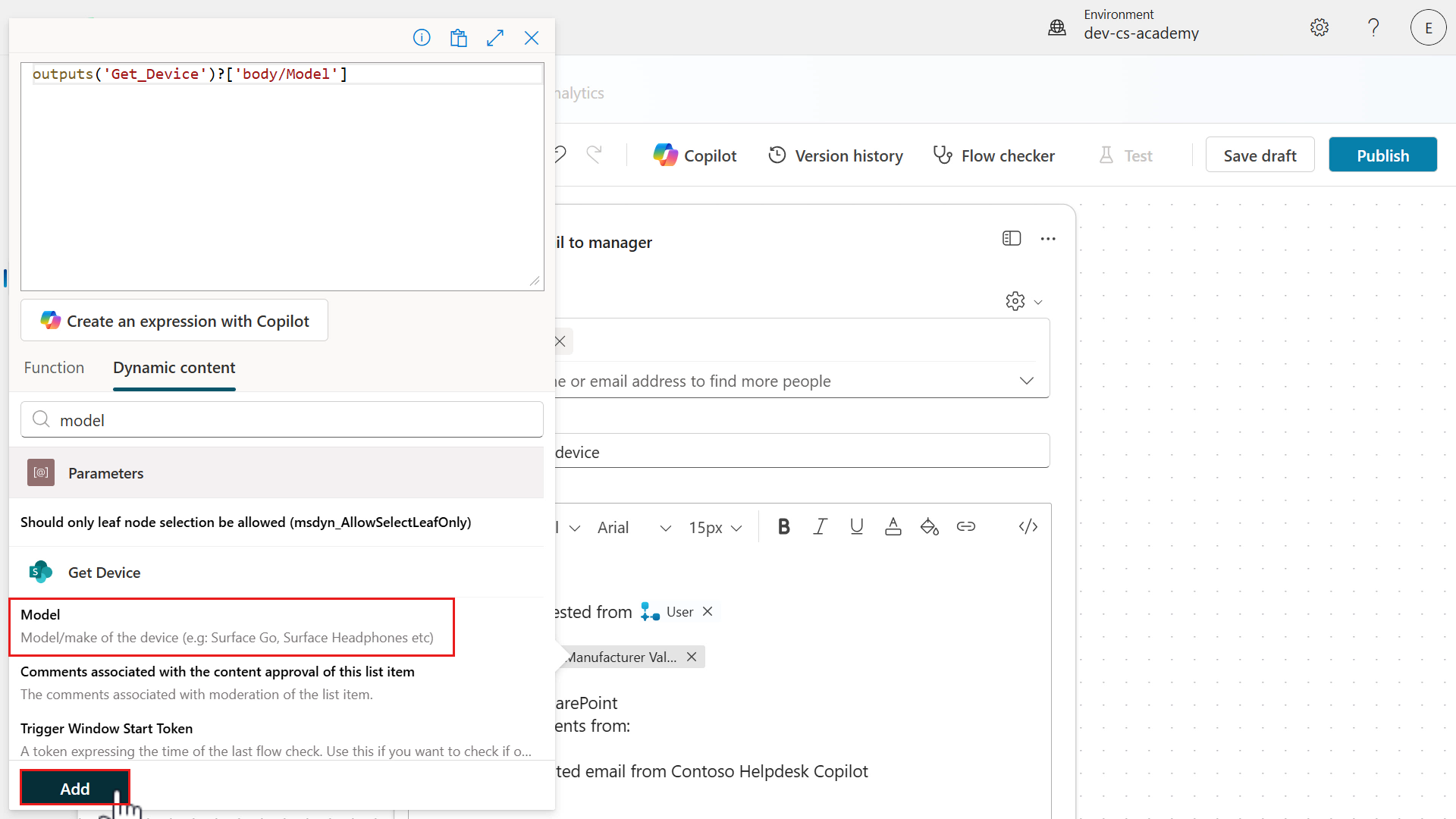 Add Model input as dynamic content