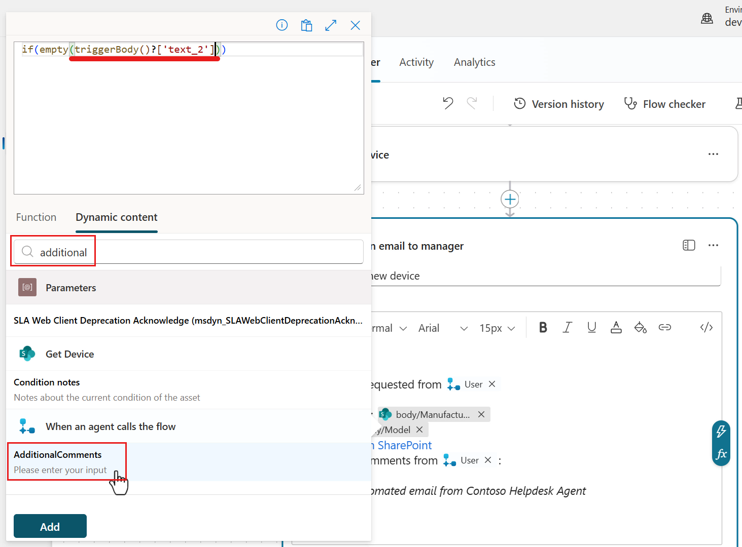 Add AdditionalComments as dynamic content