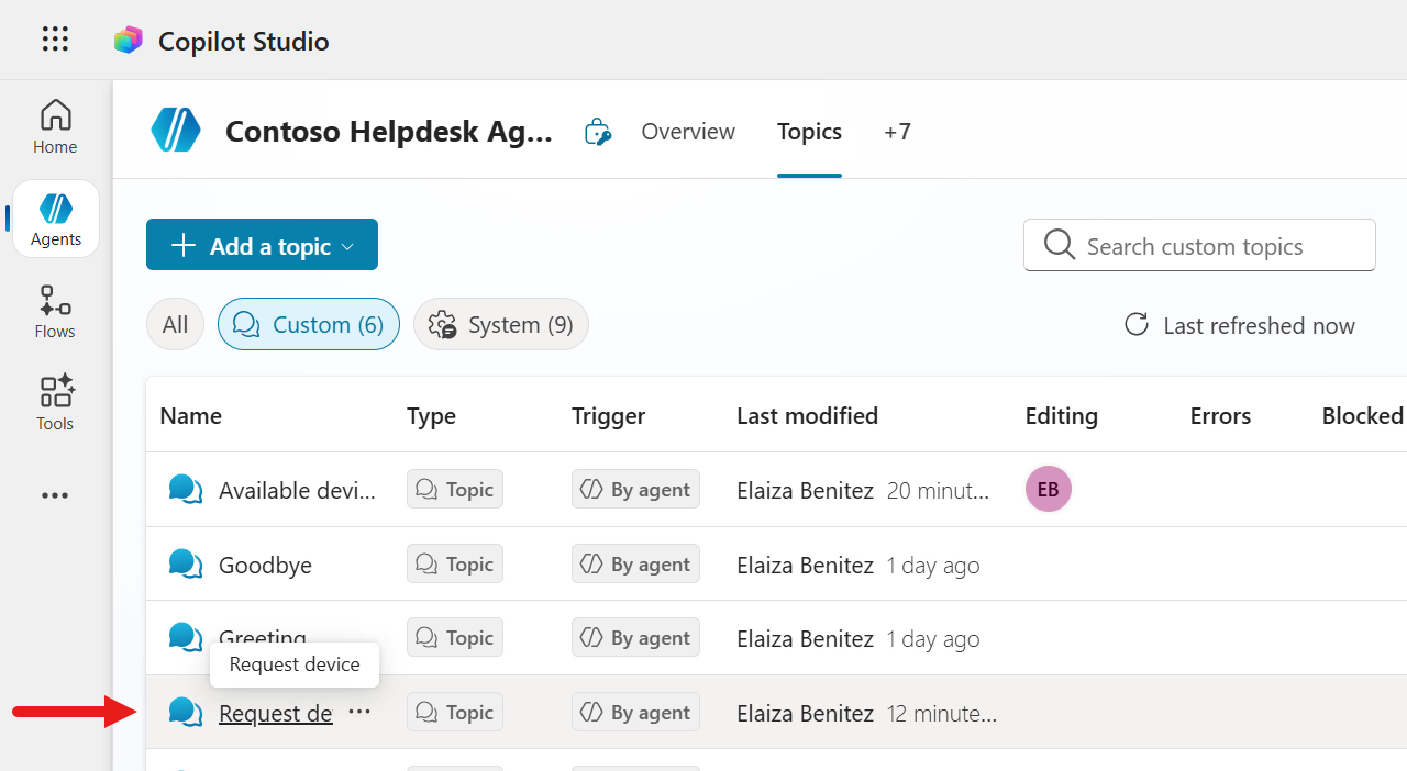 Select Request device topic