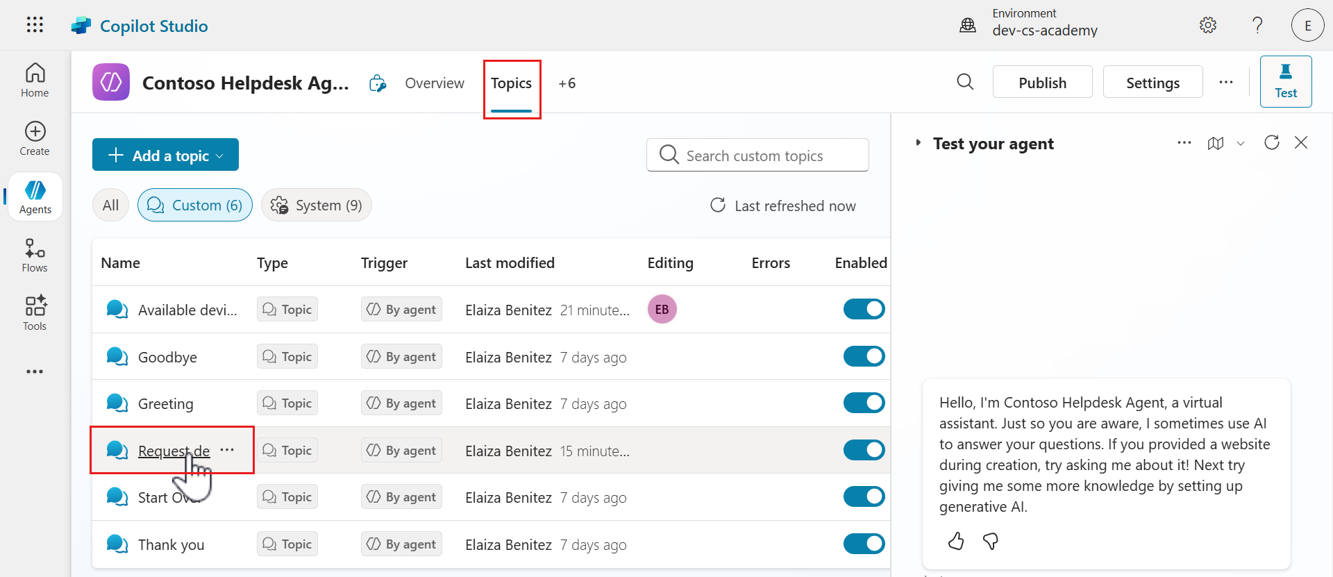 Select Request device topic