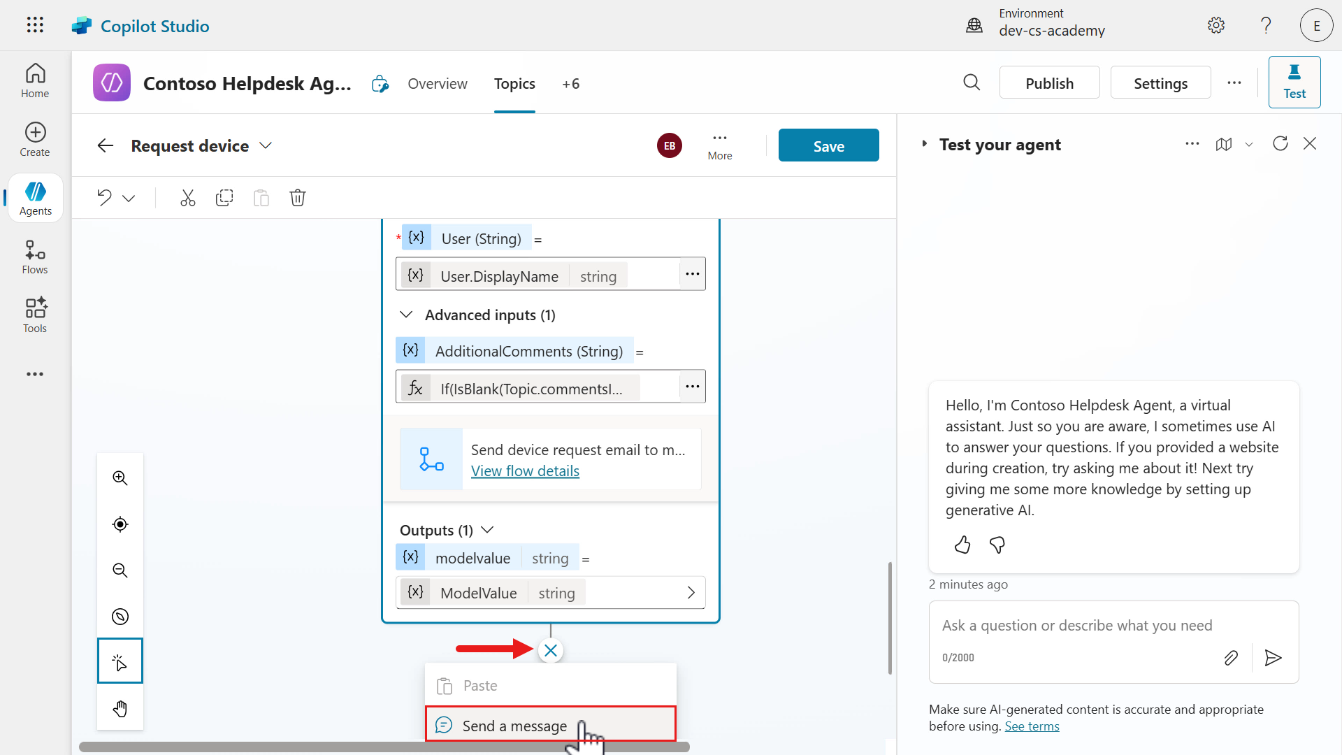 Add send a message node