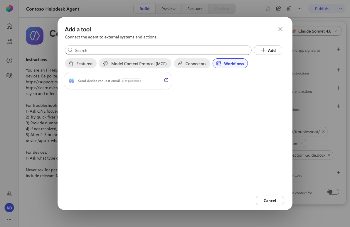 Add a tool - Workflows tab