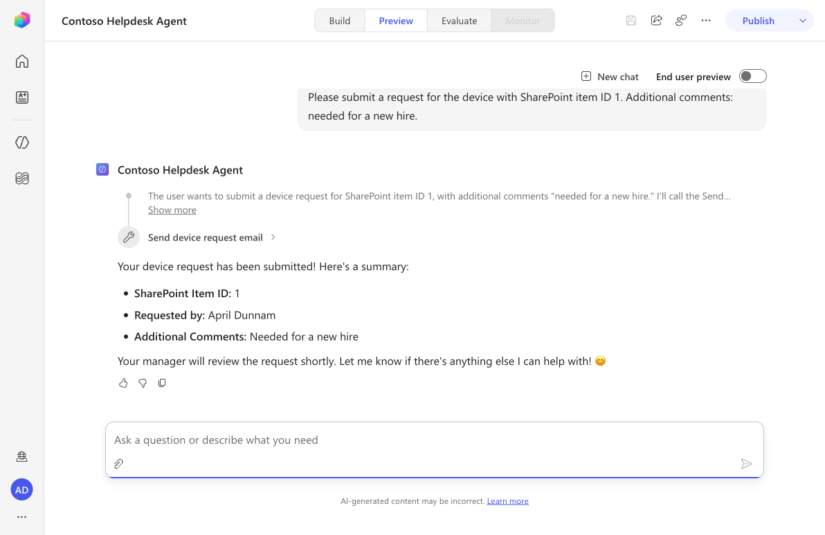 Agent calling the workflow tool in Preview