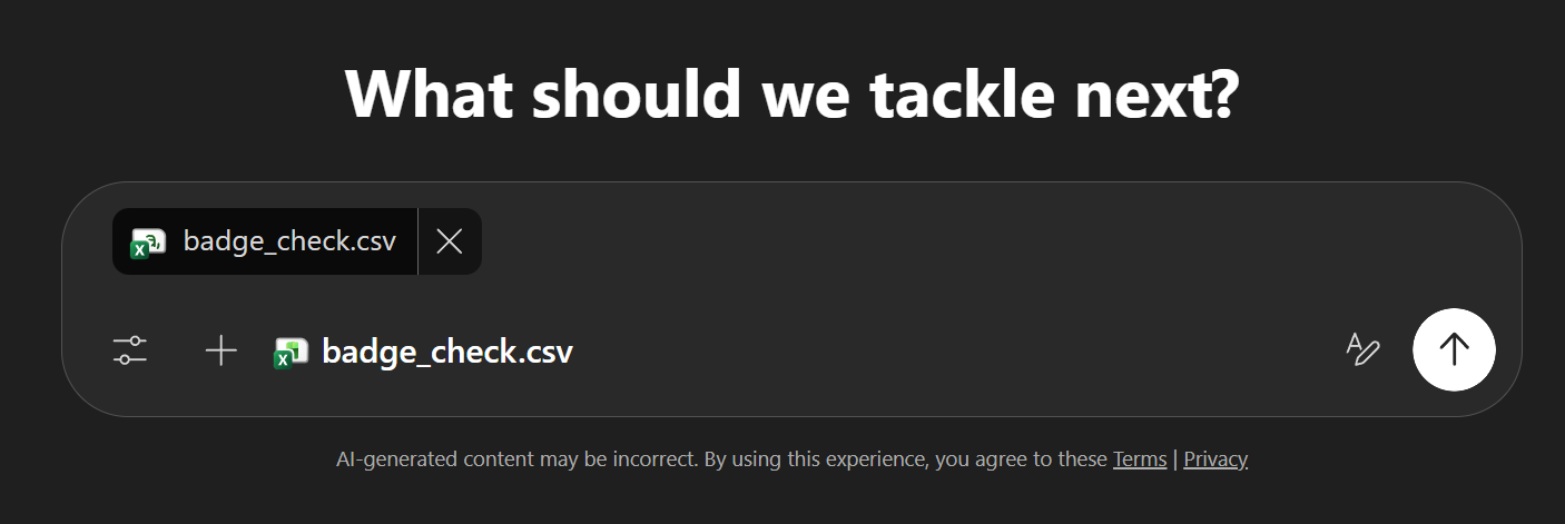 Cowork input field with badge_check.csv attached as an Excel file chip, ready to send