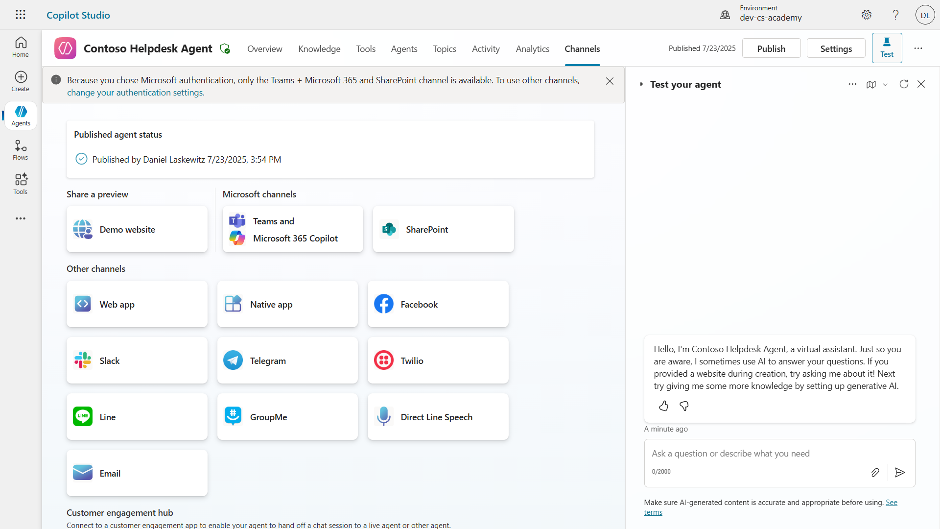 Channels tab in agent