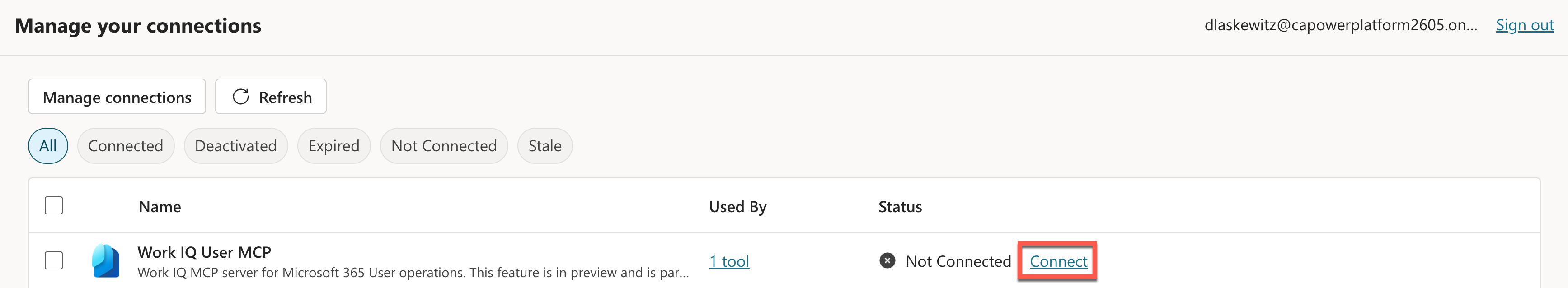 Select Connect next to the Work IQ User MCP connection