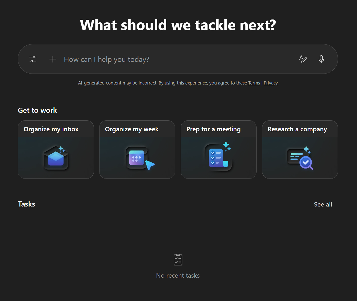 Cowork homepage showing the input field, four Get to work sample cards (Organize my inbox, Organize my week, Prep for a meeting, Research a company), and an empty Tasks section with No recent tasks