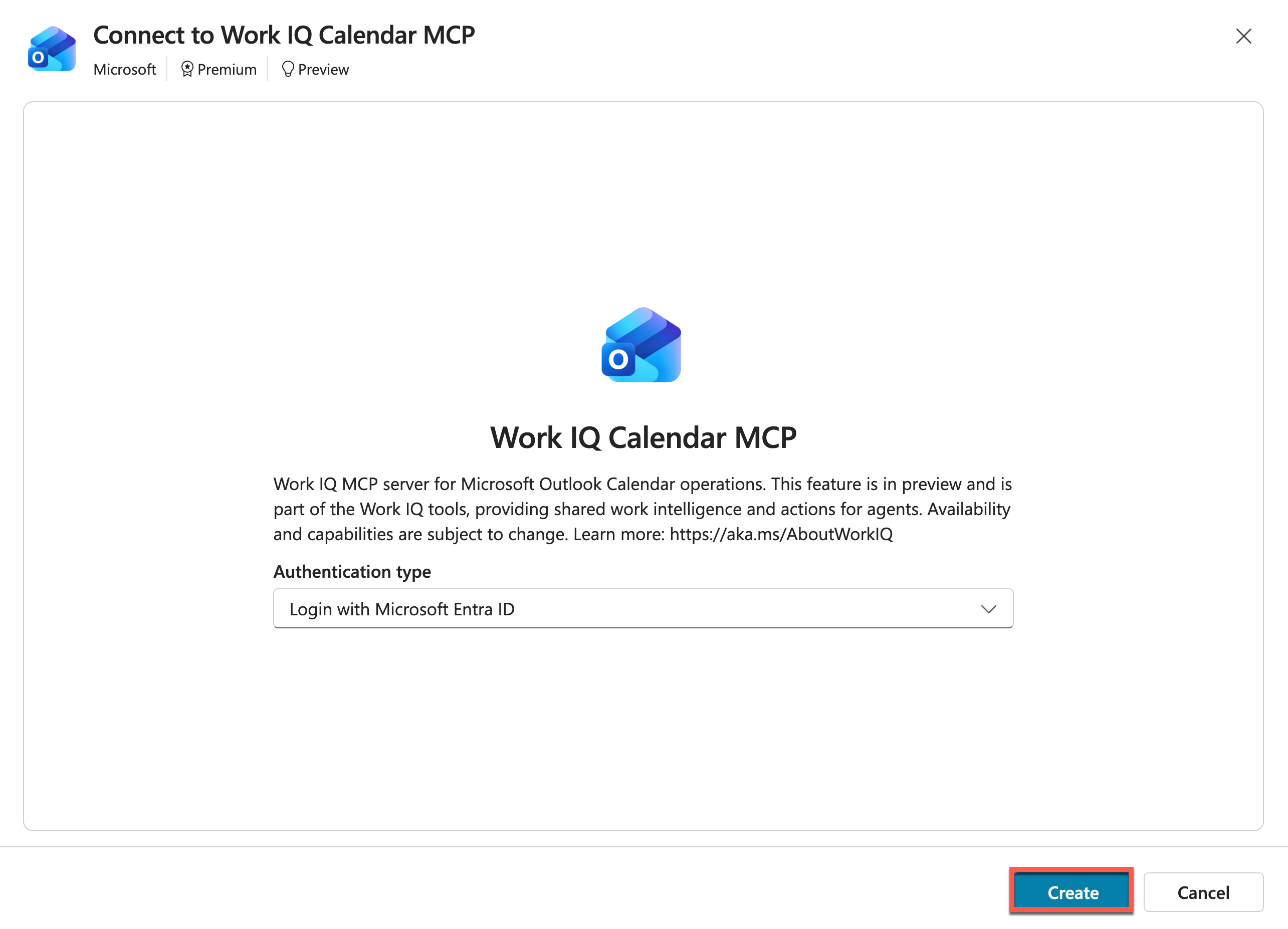 Select Create to start the connection process