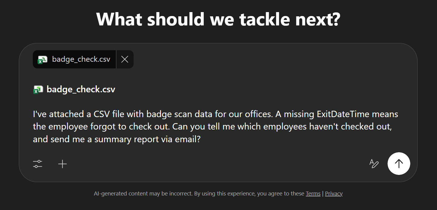 Cowork input field with badge_check.csv attached and the prompt typed out, ready to send