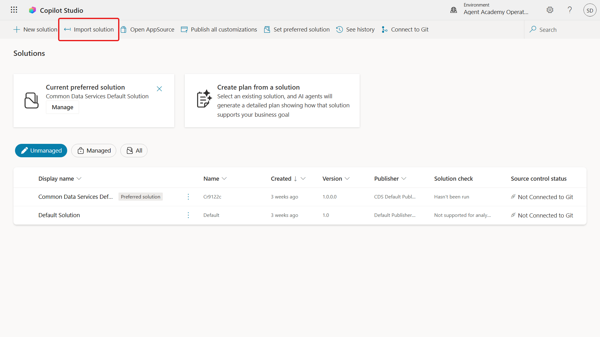 Solutions command bar with Import solution highlighted
