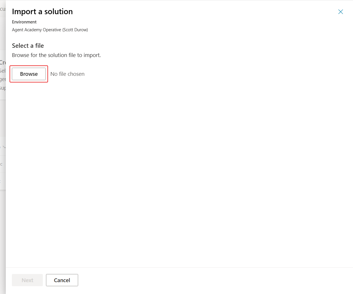 Import a solution panel ready to browse