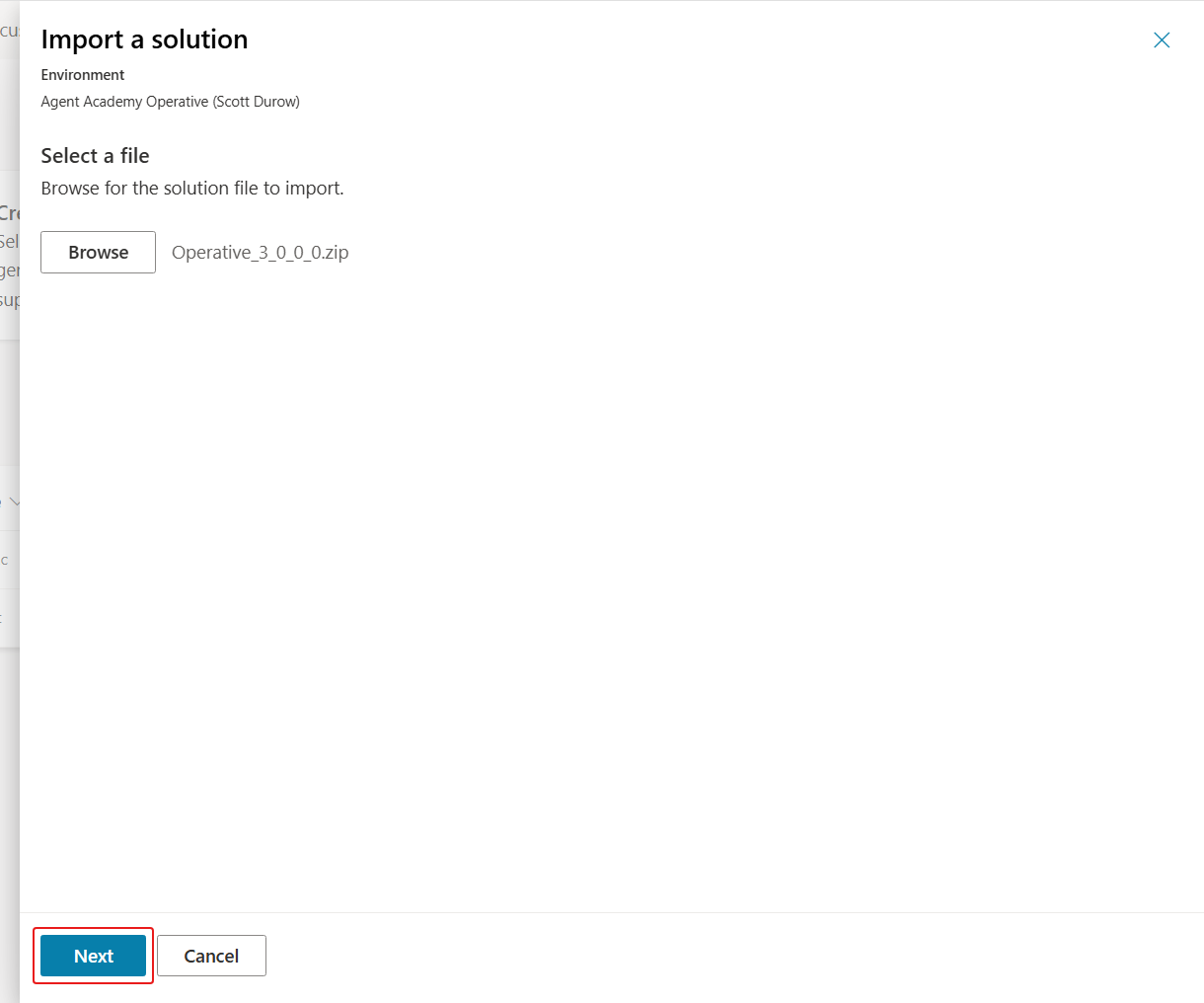 Operative solution selected with Next ready