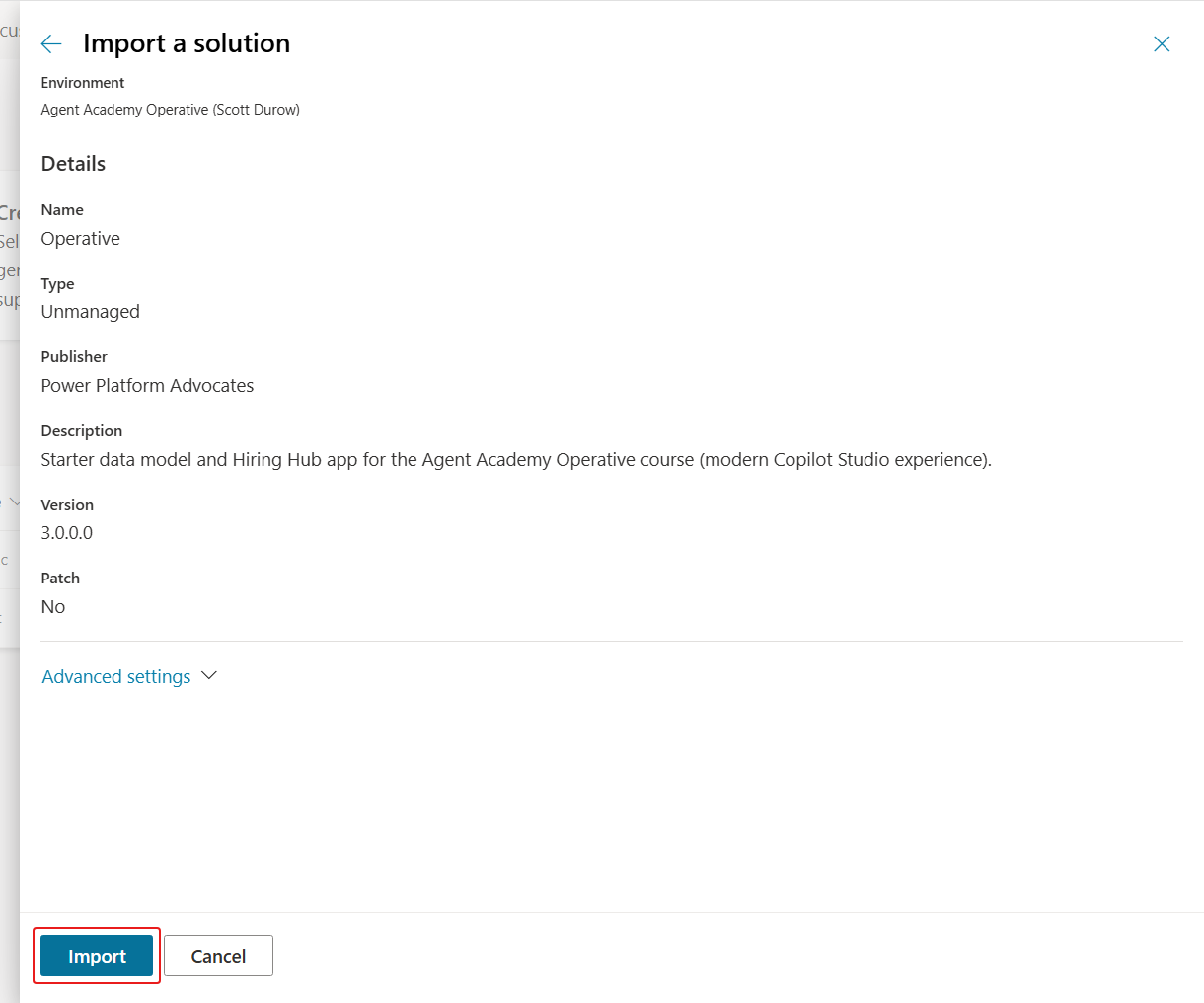 Operative import details with publisher and version