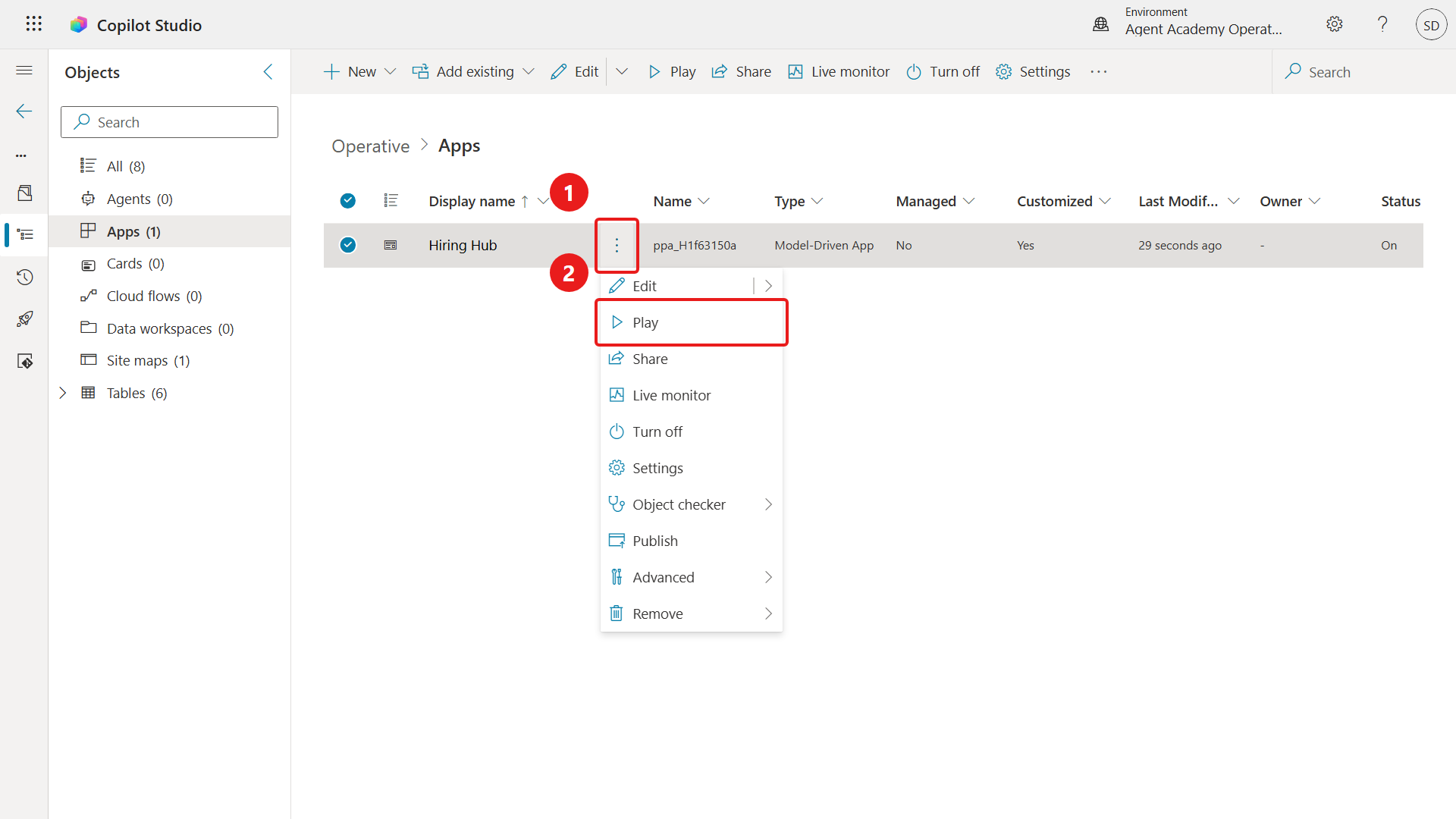 Operative solution objects filtered to Apps