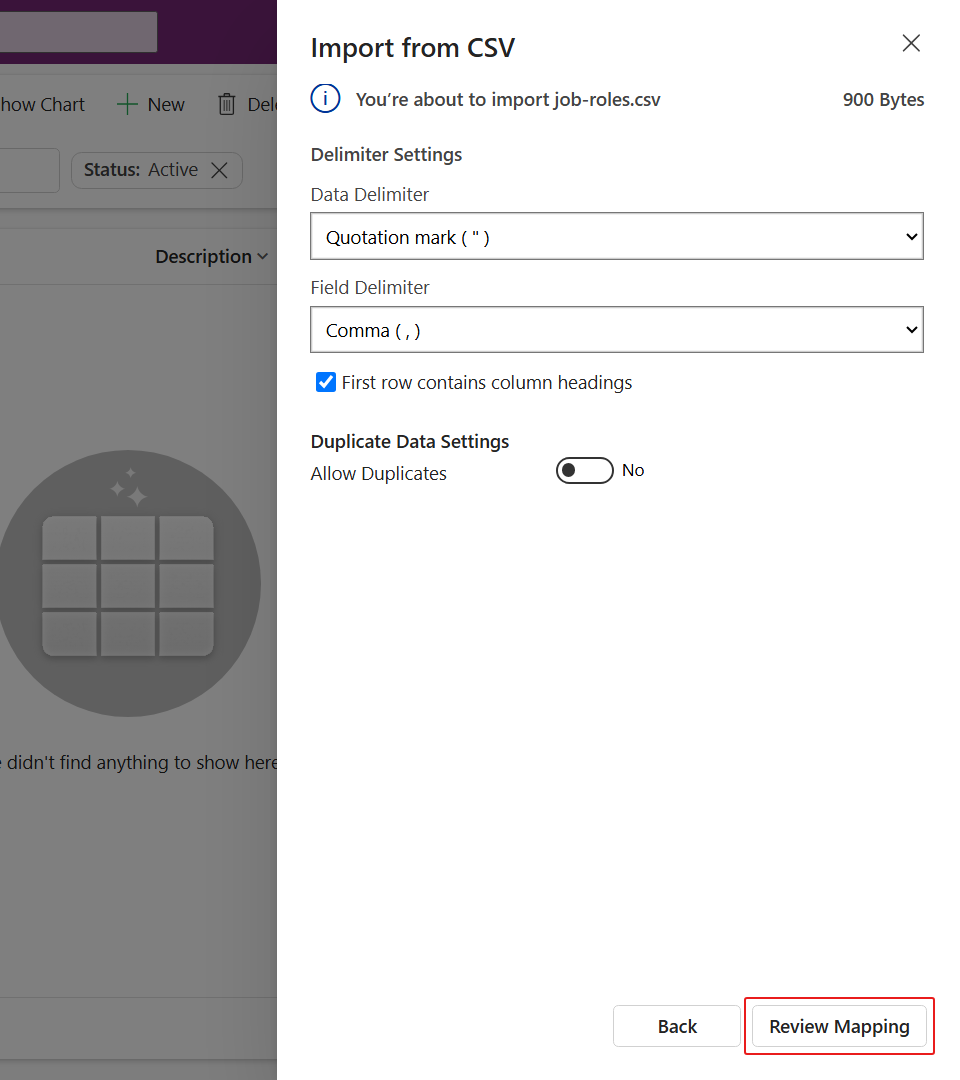 The delimiter settings step of the Import from CSV wizard