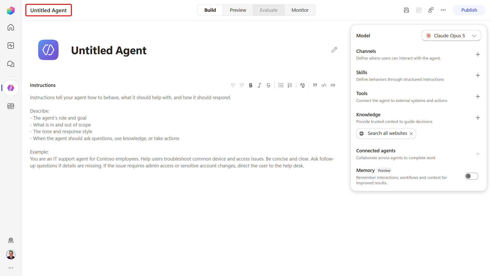 Blank new agent Build canvas
