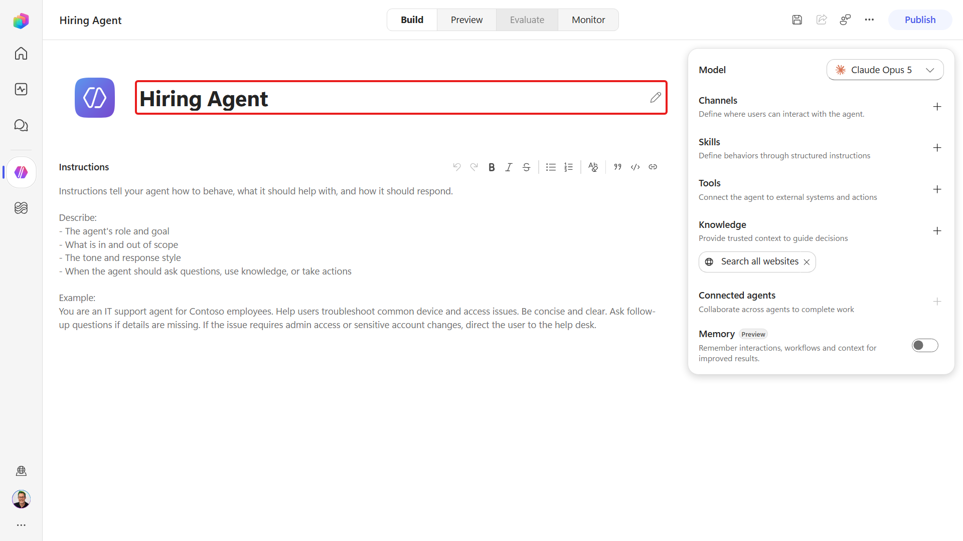 Hiring Agent name applied on Build canvas