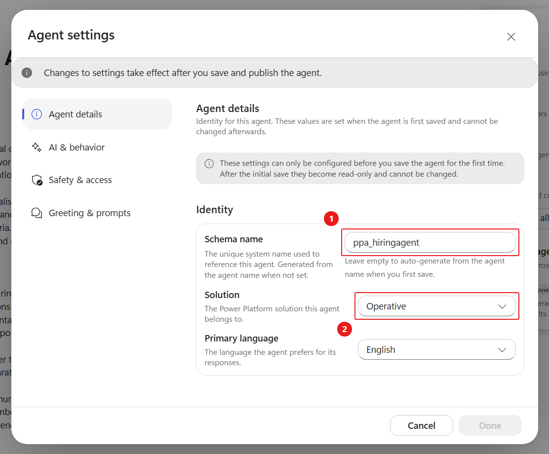 Agent details - schema name and solution