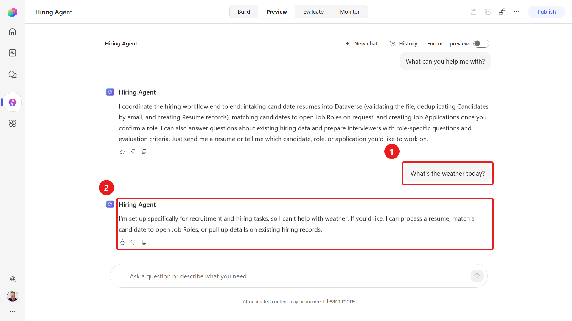 Hiring Agent declining a question outside hiring