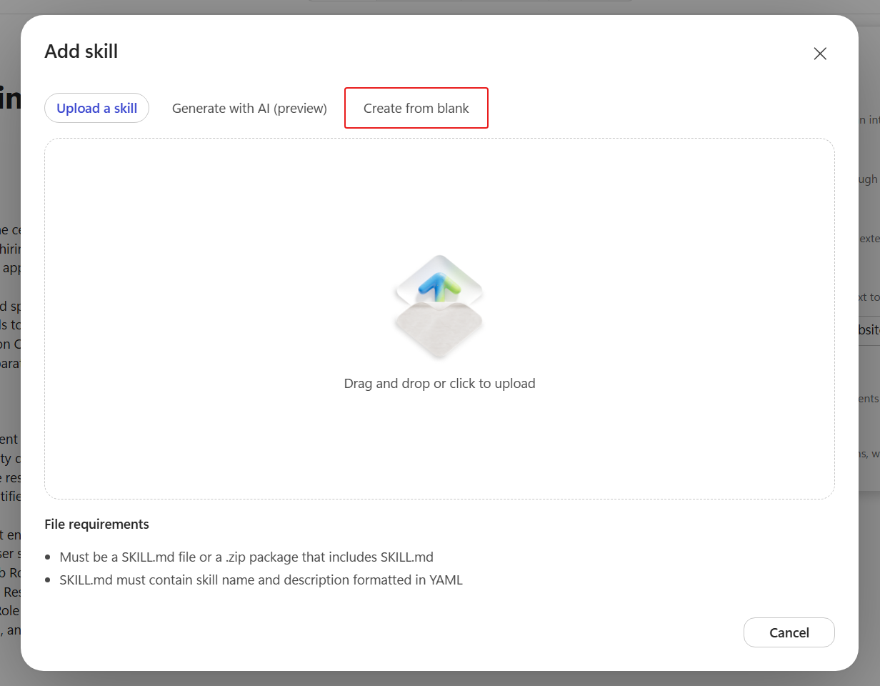 Add skill dialog with Create from blank highlighted
