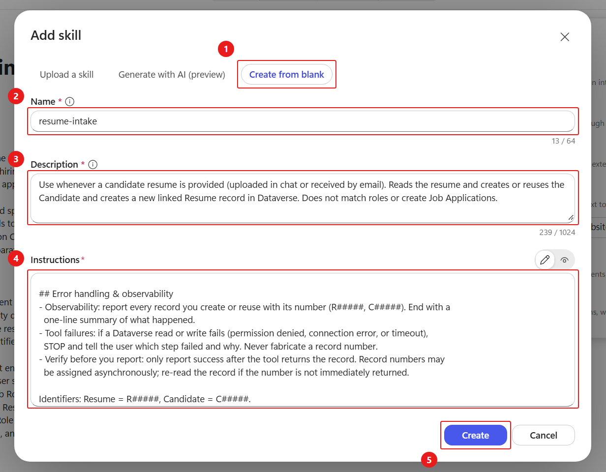 Completed resume-intake skill creation form