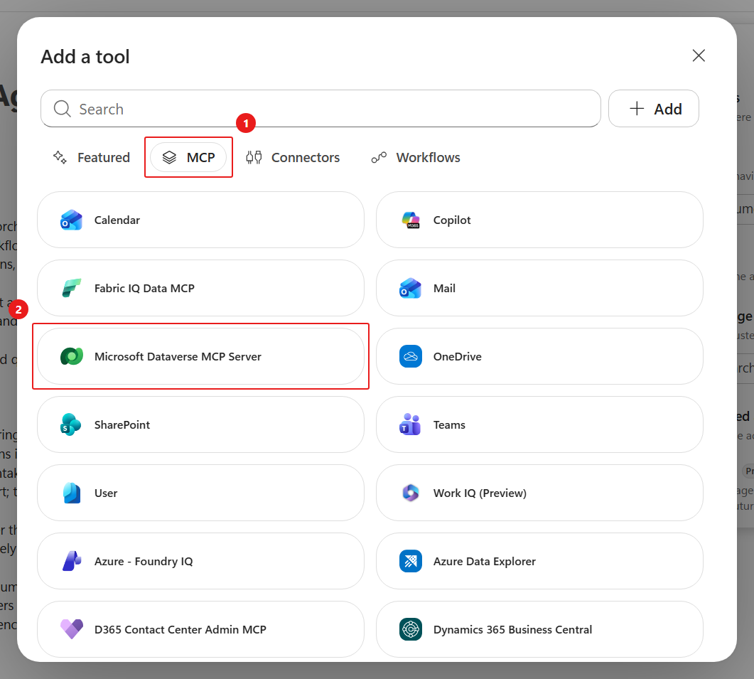 Tool catalog filtered to Dataverse MCP servers