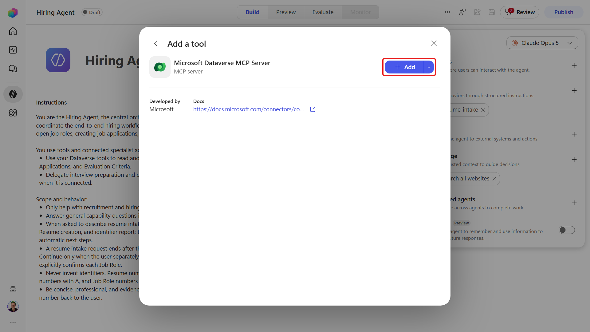 Dataverse MCP server detail with Add highlighted