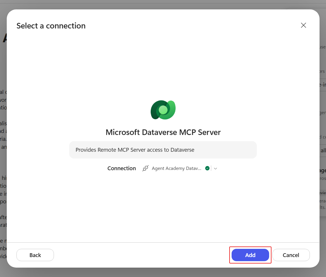 Dataverse MCP server detail with Add highlighted
