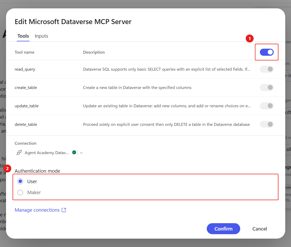 Dataverse MCP actions and User authentication mode