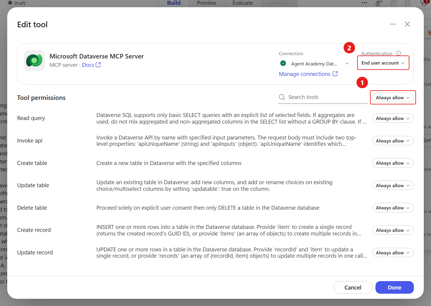 Dataverse MCP actions and User authentication mode